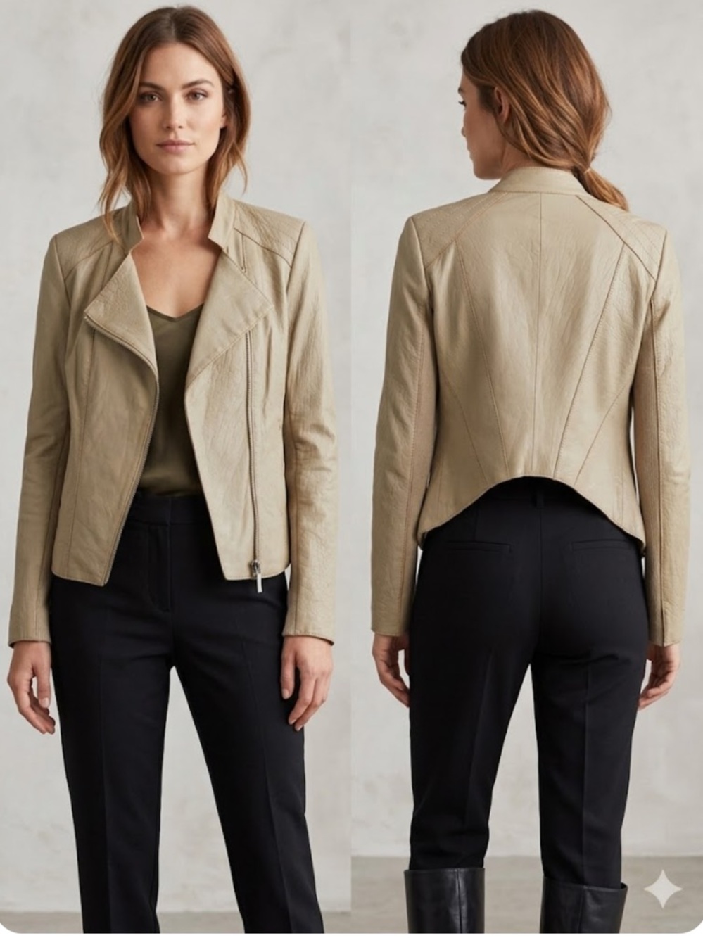 BCBGMaxAzria Beige Asymmetrical Leather Moto Jacket